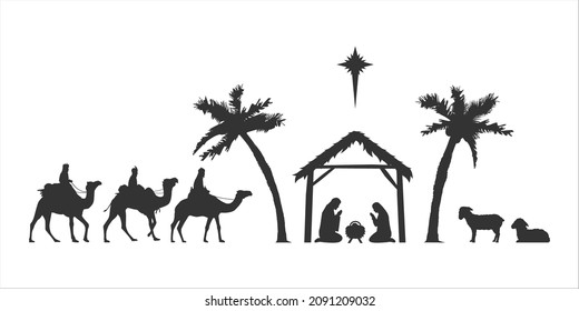 Silueta de escena de la Natividad. Silueta cristiana navideña de animales con los tres sabios. Ilustración para niños