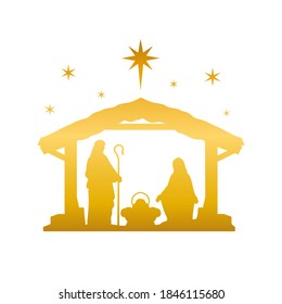 Nativity Scene Silhouette. Holiday Holly Night. Christmas Cut File Scrapbook. Decorative Card. Clip Art Vector.