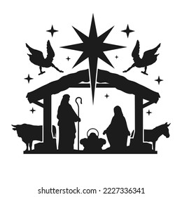 Nativity Scene Silhouette. Holidays Christmas Religion. Holly Night Characters. Cut File Design. Vector Clip Art. svg