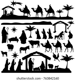 Nativity Scene Silhouette. Holidays Christmas Religion. Holly Night Characters. Cut File Design. Vector Clip Art.