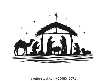 Nativity Scene Silhouette illustration, Christmas Nativity Scene in the desert at night