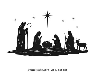 Nativity scene silhouette illustration at night