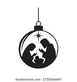 A nativity scene silhouette inside a decorative christmas ornament