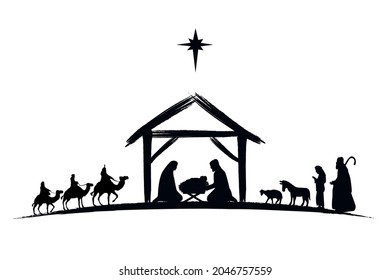 Nativity scene silhouette Jesus in manger, shepherd and wise men. Christmas story Mary Joseph and baby Jesus in nursery. The birth of Christ with Bethlehem star, vector illustration