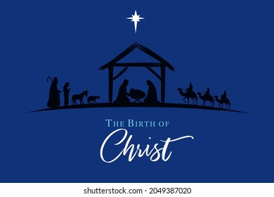 Nativity scene silhouette Jesus in manger, shepherd and wise men on night sky. Christmas story Mary Joseph and baby Jesus. The birth of Christ with Bethlehem star, vector illustration