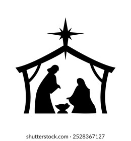 Nativity Scene Silhouette with Joseph, Mary and the Newborn Jesus. Holiday Holly Night. Vector Illustration.