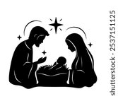 Nativity Scene Silhouette of Mary, Joseph, and Baby Jesus at Christmas Time