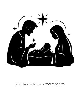 Nativity Scene Silhouette of Mary, Joseph, and Baby Jesus at Christmas Time