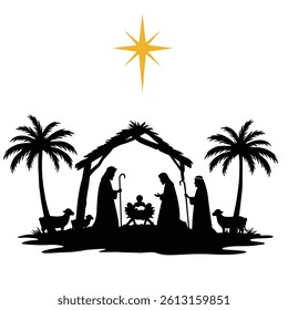Nativity Scene Silhouette With Star Of Bethlehem And Palm Trees