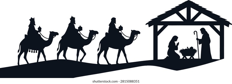 nativity scene silhouette, three wise men, holy family baby jesus, christmas stable silhouette design element concept, isolated background
