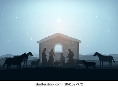 Nativity Scene Silhouette Vector Illustration. Holiday Holly Night. Christmas Cut File Scrapbook. Decorative and Gretting Card. Clip Art.