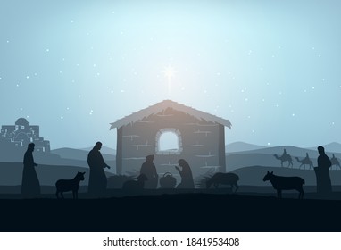 Ilustración del vector de silueta de la escena de la natividad. Noche de vacaciones Holly. 