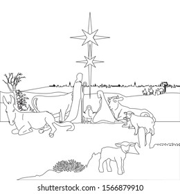 NATIVITY SCENE SKETCHED WITH ONLY BLACK LINES 