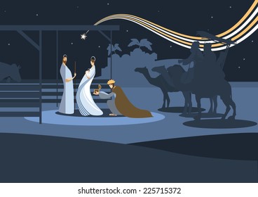 Nativity scene with the three wise men and the child Jesus. In modern flat color style.