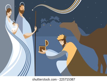 Nativity scene with the three wise men and the child Jesus. In modern flat color style.