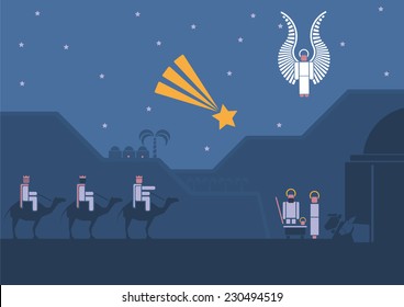 Nativity scene with the three wise men and the child Jesus. Pictogram style. 