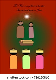 Nativity Scene with three wise men visiting Jesus and family.