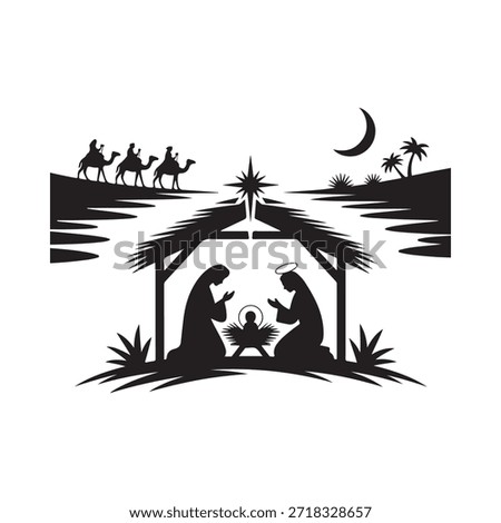 Nativity scene with the three wise men and holy family in silhouette