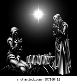 Nativity scene traditional Christian Christmas scene of baby Jesus beneath the star with Mary and Joseph