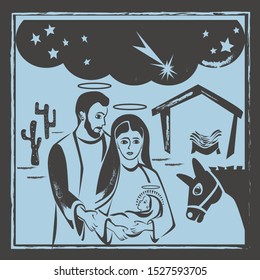 Nativity Scene Vector. Christmas Woodcut Style Illustration.