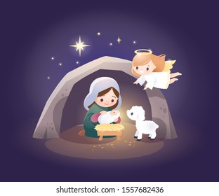 Nativity scene. Virgin Mary and baby infant Jesus and Angel. Christmas illustration. Christmas symbol.