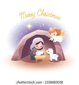 Nativity scene. Virgin Mary and baby infant Jesus and Angel. Christmas illustration. Christmas symbol.