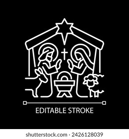 Nativity scene white linear icon for dark theme. Birth of Jesus Christ in Bethlehem. Biblical scene. Mother Mary and Joseph. Isolated vector illustration. Simple filled line drawing. Editable stroke