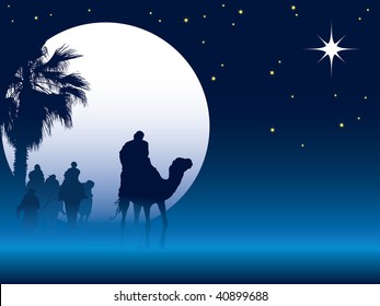 Nativity scene with wise men on camels going through the desert