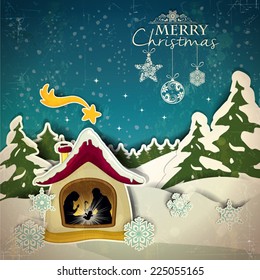 Nativity in the snow with pine trees and Christmas decorations-Vintage effects can be removed- Transparency blending effects and gradient mesh-EPS 10 