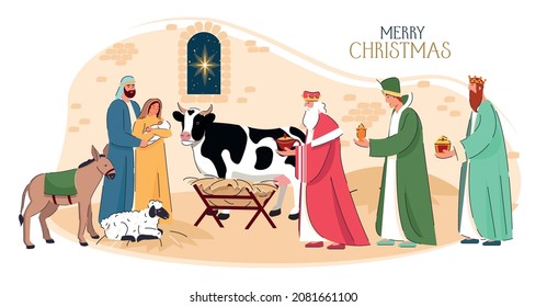 Nativity with text Merry Christmas, vector banner. Holy Family and the three wise men giving treasures to Jesus. Wise men journey to Bethlehem. Baby Jesus in the manger. Merry Christmas background.
