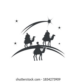 nativity, three wise men on camels, traditional celebration religious vector illustration silhouette