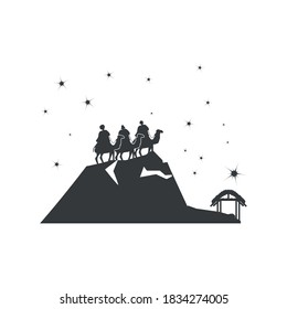 natividad, tres sabios montando camellos con aspecto de estrella, celebración tradicional silueta de ilustración vectorial religiosa