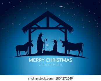 nativity, traditional manger with holy family and animals, gradient background vector illustration