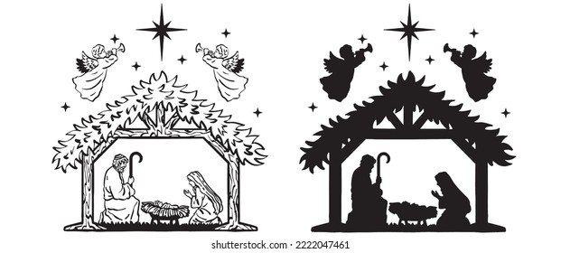 Nativity Vector Drawing  Silhouette Baby Jesus  Angels singing  Christmas Holiday artwork