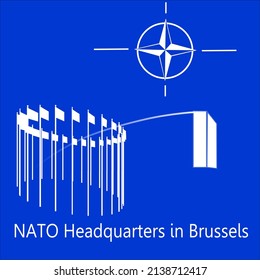 NATO headquarters in Brussels, with the silhouette of part of the building used for the meetings of the member states in this city, all on a background that bears the tones of the flag and the symbol 