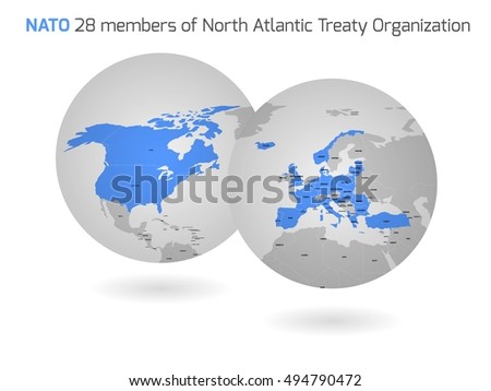 NATO member countries marked by blue in two globe maps.