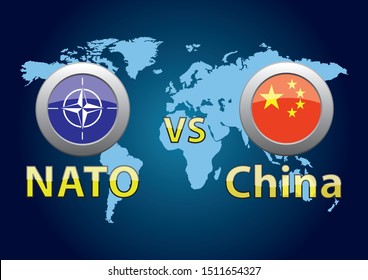 NATO Vs China. Opposition. Flags On The Background Of The World Map.