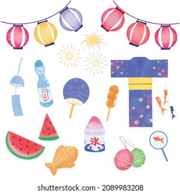 Natsu Matsuri Japanese Summer Festival isolated elements set. Japan style festive clipart collection. Vector illustration EPS 10. Translation of Japanese characters: Ramune (lemonade) and ice 