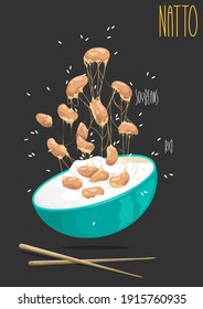 Natto. Fermented soybeans, Japanese healthy traditional food. Vector illustration