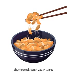 Natto. Fermented soybeans, Japanese healthy traditional food. Asian food. Colorful vector illustration isolated on white background.