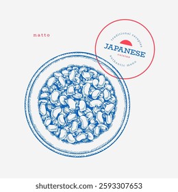 Natto Ilustração de cozinha japonesa. Ilustrações de vetor feitas à mão de feijão de soja fermentado. Imagem isolada de comida asiática retrô.