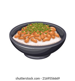 Natto, Japanese cuisine vector illustration. Cartoon isolated bowl with cooked rice and sticky fermented soybeans with chopped green onion, protein and probiotic food from beans of soya for gut health