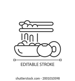 Natto linear icon. Traditional sticky meals preparing. Fermented soybeans. Vegeterian foods. Thin line customizable illustration. Contour symbol. Vector isolated outline drawing. Editable stroke