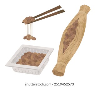 Natto wrapped in straw and Natto in a pack watercolor