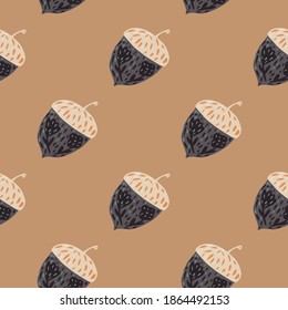Natue ornic seamless pattern with forest acorn shapes. Grey colored ornament on beige background. Flat vector print for textile, fabric, giftwrap, wallpapers. Endless illustration.