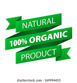 Natural  100% Organic Product Green Ribbon Banner Icon Isolated On White Background. Vector Illustration