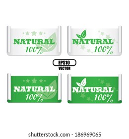 Natural 100 percent green labels and stickers with leafs and little star around Isolated on White Background - vector 