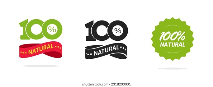 Natural 100 percent organic product label icon tag vector graphic, quality food label logo sticker certified stamp seal, eco friendly healthy fresh symbol clipart image illustration set