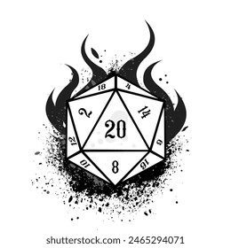 Natural 20, D20 dice with flame, rpg dice, rpg game, vector illustration	