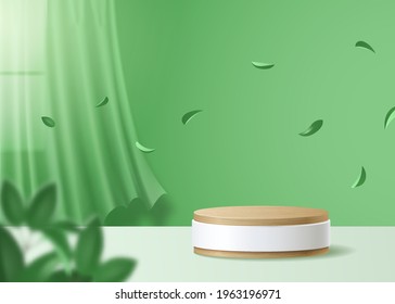 Natural 3d Podium for product display. Wooden Podium in green wall interior with curtains, window, leaves. 3d render vector